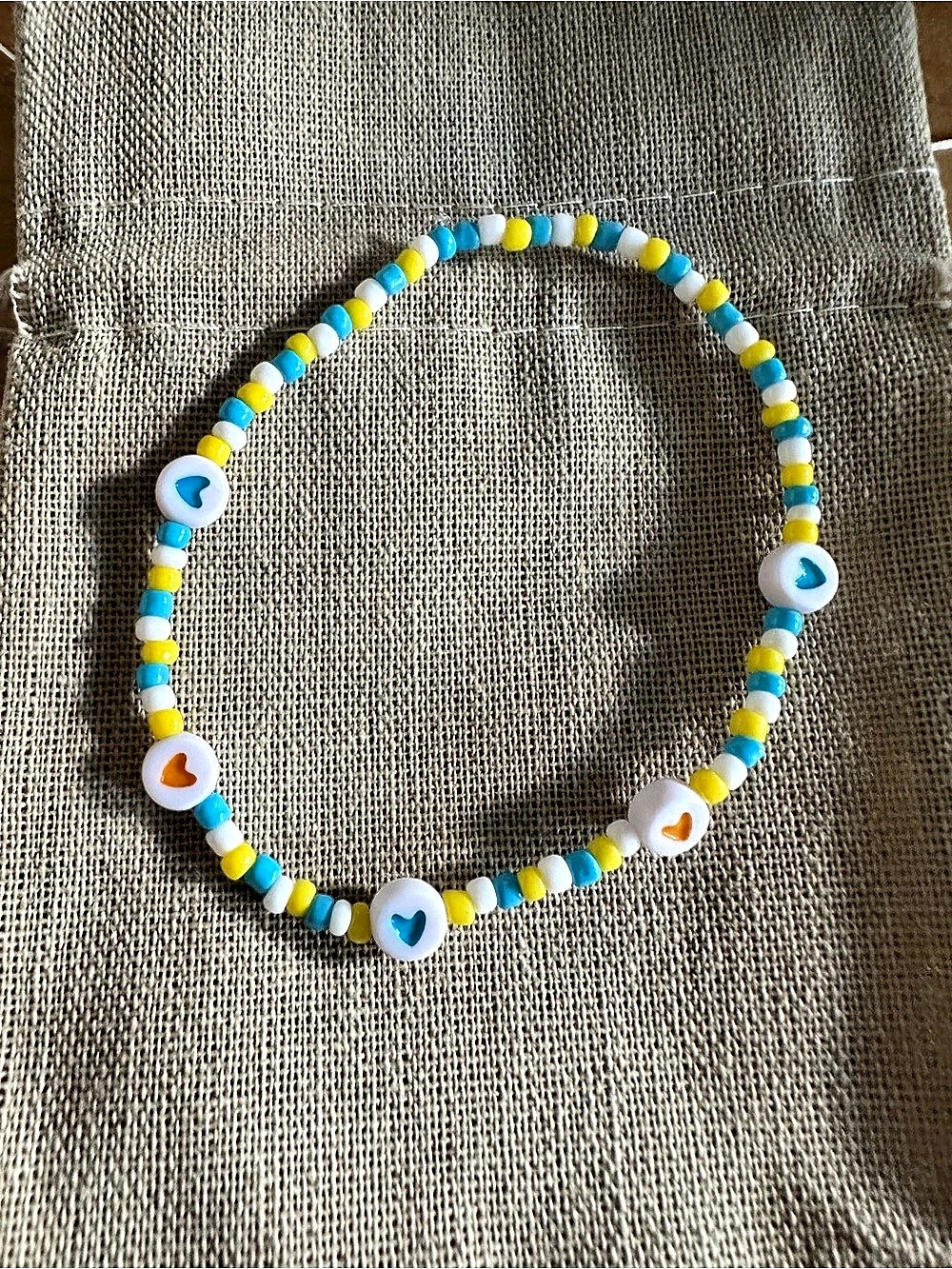 Beaded Heart Charm Bracelet in Blue & Yellow